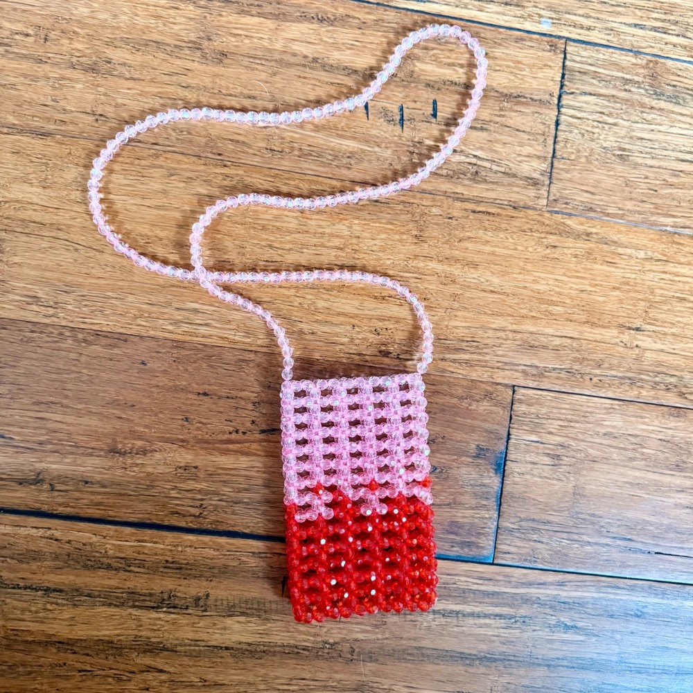 Handmade Beaded Crossbody Bag Pink Red Color Block Small Phone Pouch Y2K Style